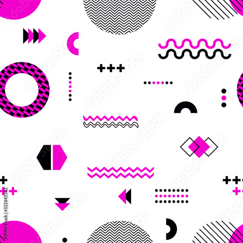 Memphis seamless pattern background. Geometry retro elements 80th 90th style, bright pinc color circle shapes. Abstract hipster vintage symbols, vector illustration
