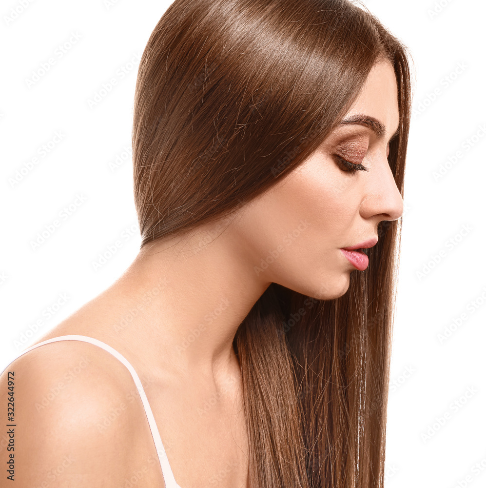 Beautiful woman with healthy long hair on white background Beautiful woman with healthy long hair on white background