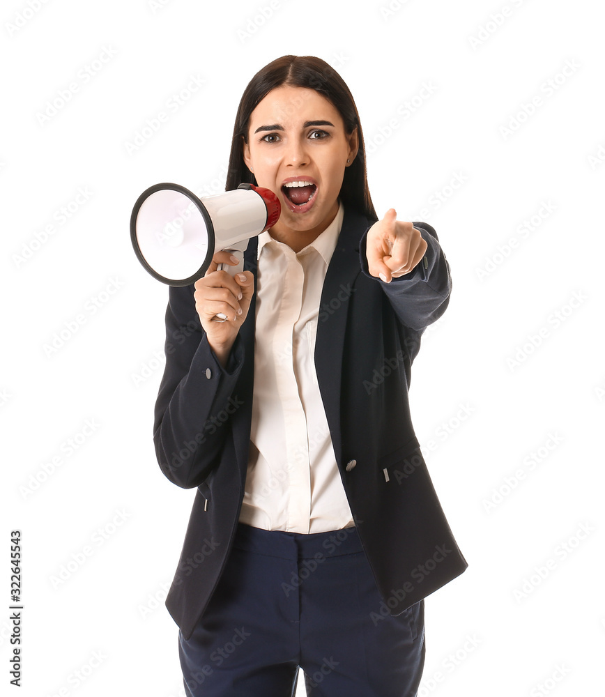 Screaming business woman with megaphone on white background. Concept of feminism Screaming business woman with megaphone on white background. Concept of feminism