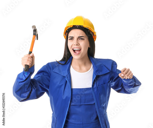 Female worker against white...