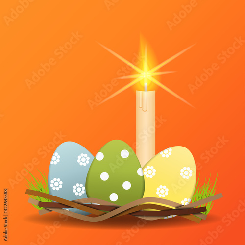 Set of Easter eggs in the nest with candles in the background. Multicolored Easter eggs with circles and flowers from circles on an orange background in a nest, isolated. Vector