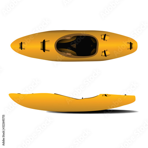 Yellow canoe, view top and side. Kayak 3d style. Vector