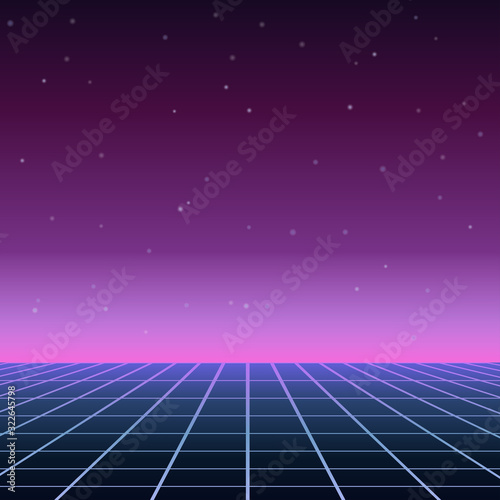 Perspective grid. Abstract retro background in 80s style. Futuristic landscape, party background. Vector