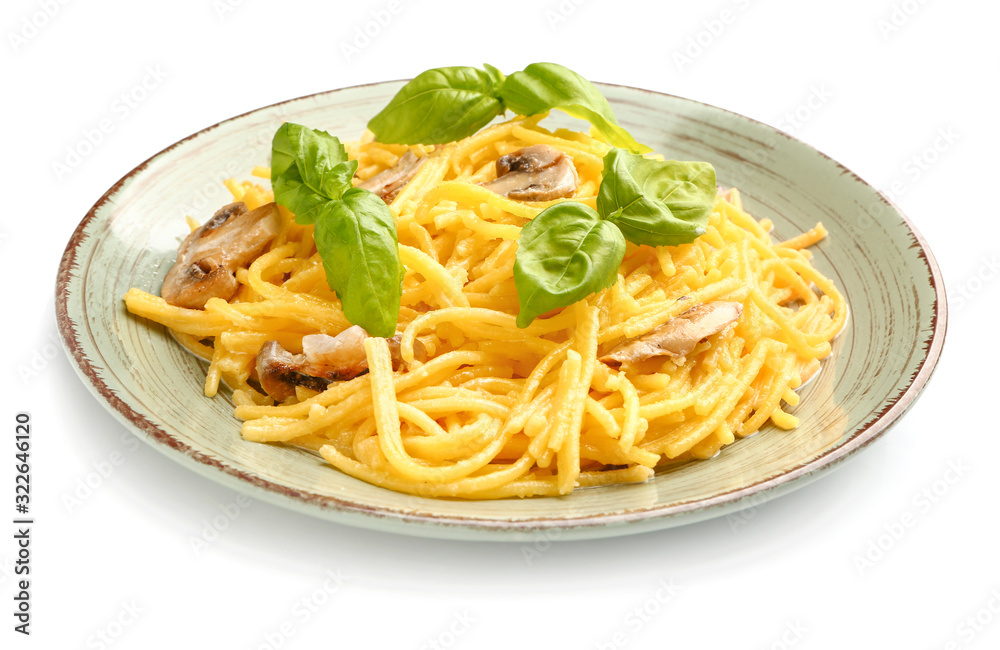 Plate with tasty pasta and mushrooms on white background