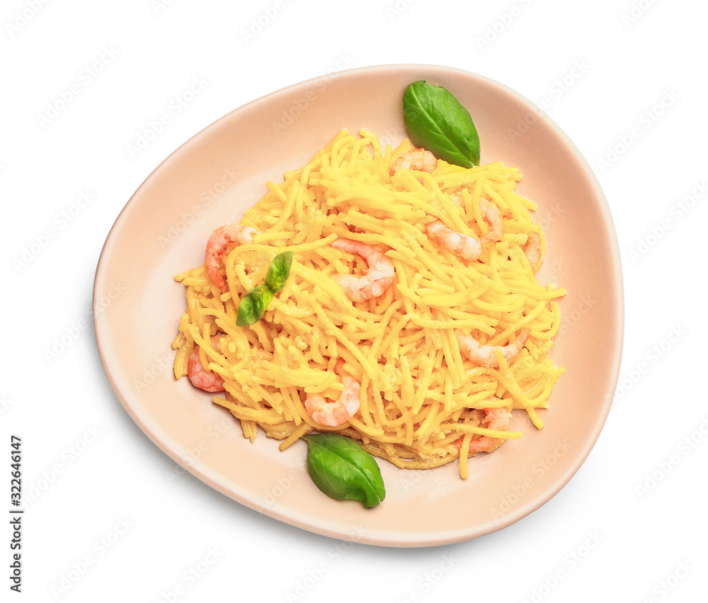 Plate with tasty pasta and shrimps on white background Plate with tasty pasta and shrimps on white background