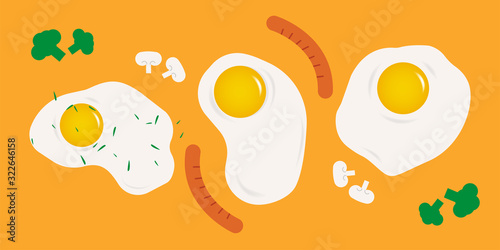 Scrambled eggs. A set of three eggs of different shapes. Eggs on an orange background. Isolated image. Food for breakfast. Flat style. Vector