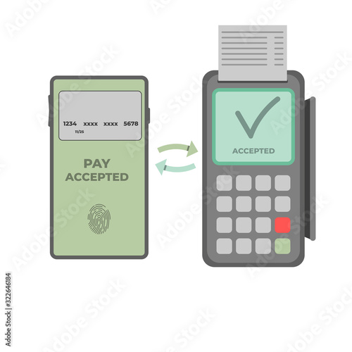 POS terminal and phone. Сontactless payment. NFC system for buy. Flat style. Vector