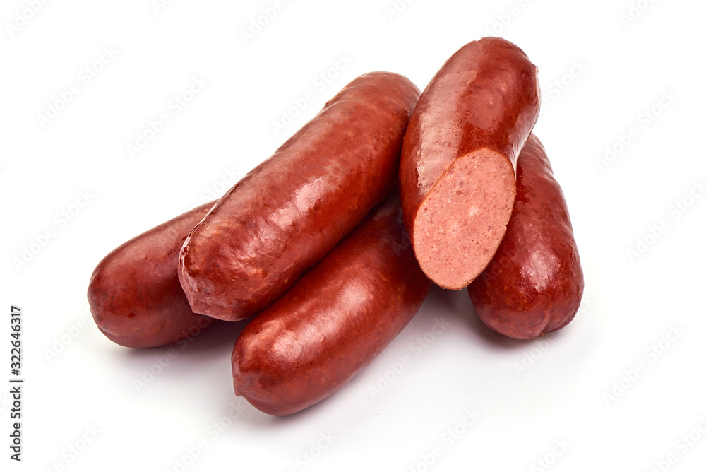 Smoked pork sausage, isolated on white background