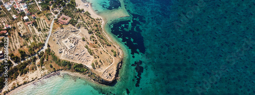 Aerial drone ultra wide top down photo of archaeological site of Temple of Apollo in island of Aegina, Greece © aerial-drone