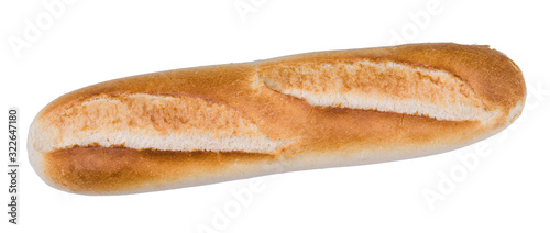 Single baked baguette. French bread whole loaf isolated on white background. Closeup of long fresh crispy bakery product from wheat flour with golden crust. Contain carbohydrates and gluten. Top view.