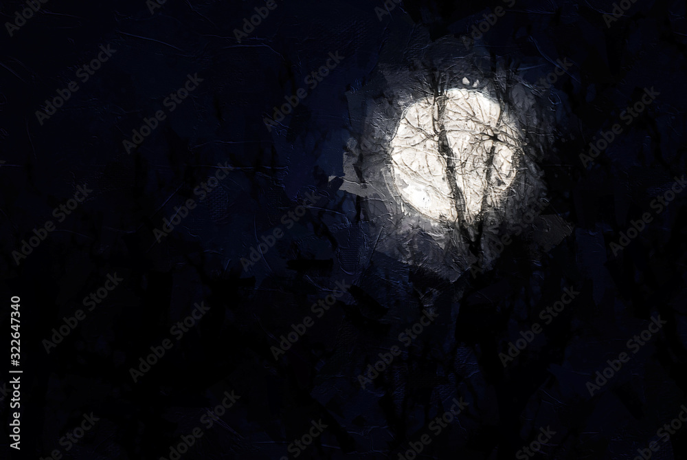 Impressionistic Style Artwork of a Bright Full Moon Shining Above the Winter Forest