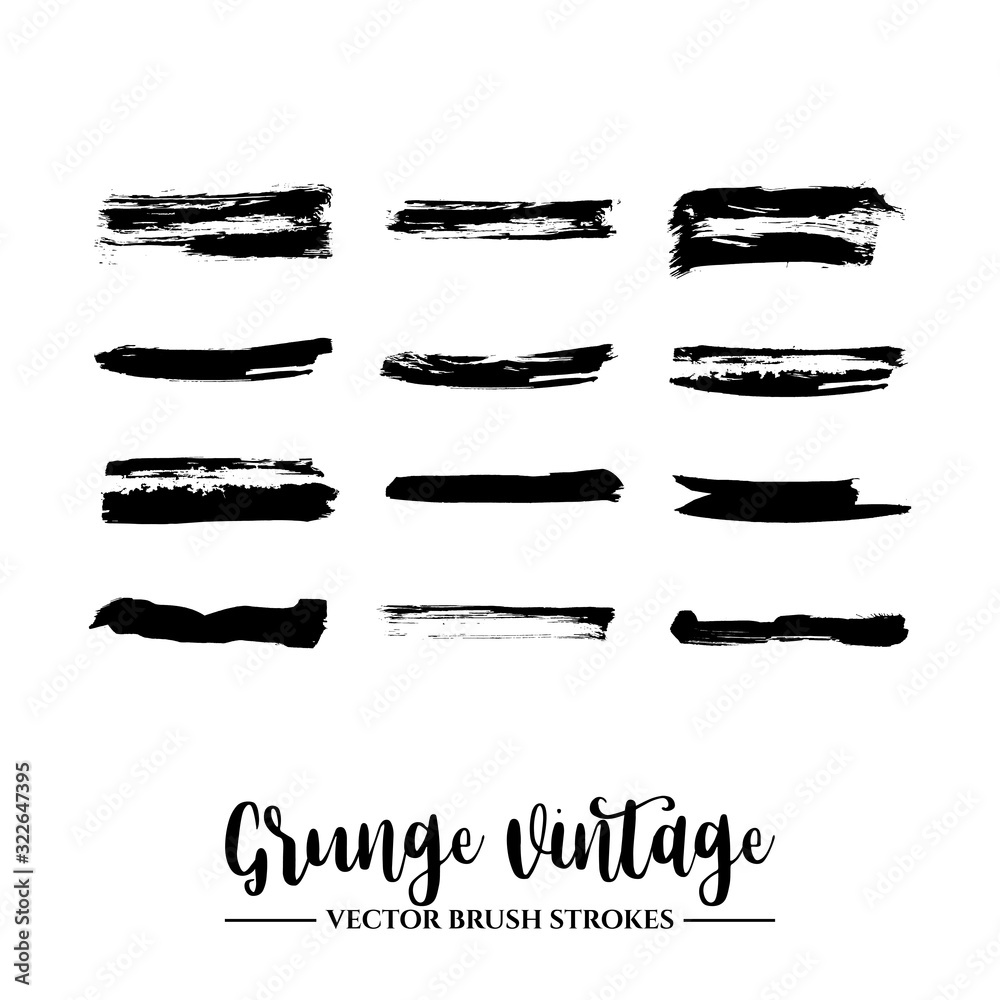 Set of black brush stroke and texture. Grunge vector abstract hand - painted element. Underline and border.