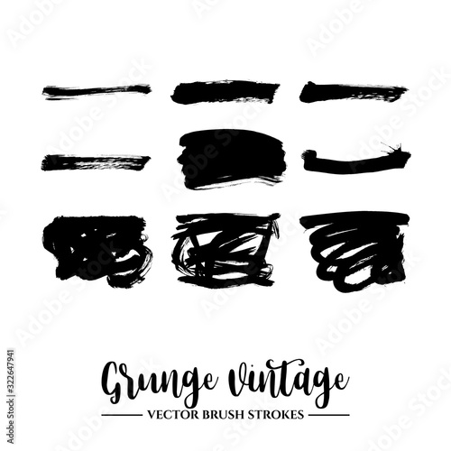 Set of black brush stroke and texture. Grunge vector abstract hand - painted element. Underline and border.