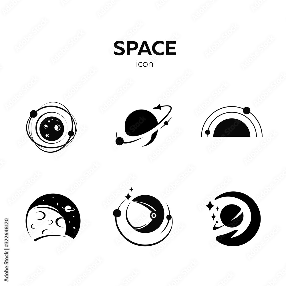 Set of space emblems, space logo, planet logo, flying rocket ...