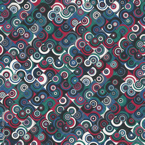 Intricate ornate diamond tiling geo trendy graphical motif with linen fabric texture overlay. Seamless repeat vector pattern swatch.