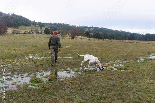 Man and Dog Following Scent Trail photo