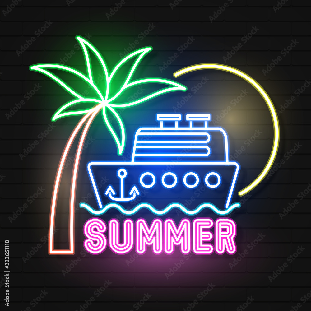 Obraz premium Summer Beach Neon Sign. Neon Sign, Bright Signboard