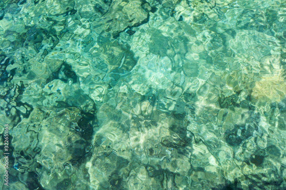 Rippled clear water in light green and turquoise colors and rocky ocean floor, viewed from above. Abstract natural full frame image.