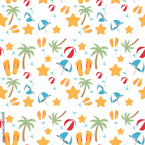 Summer putter. Colorful pattern for textile or background. Summer holiday concept on the beach, palms, slippers, balls and cocktails. Vector