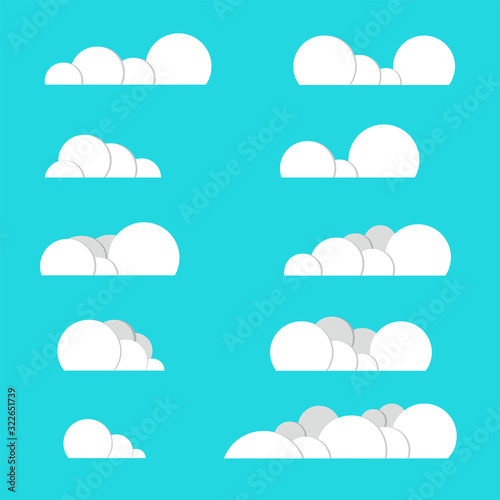 Group of Cloud Icons in flat design style isolated on blue background, cartoon style. Vector