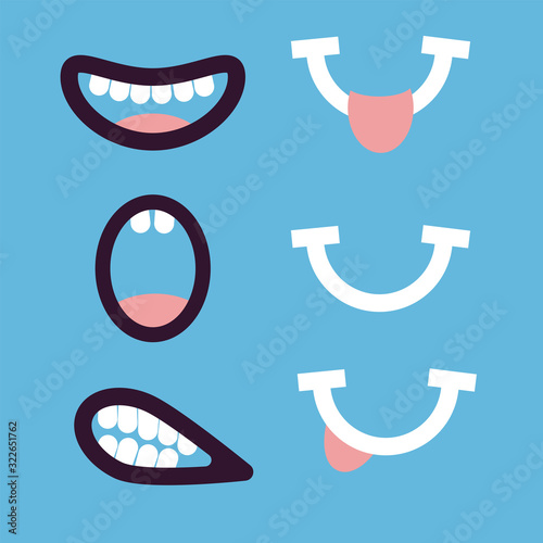 Funny variety of mouths. Cartoon mouths with teeth, tongue. A set of different emotions. Flat style. Vector