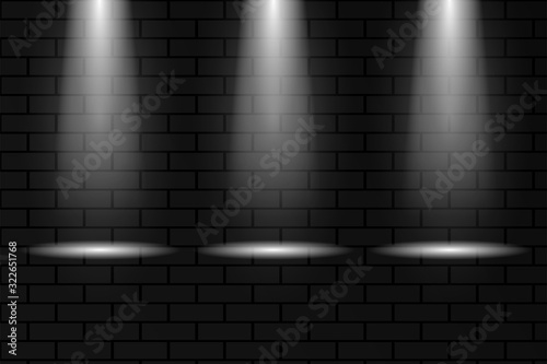 Scene or poster lighting. spotlight. Highlighting. Three spotlights on a brick wall background. Soft light. Vector