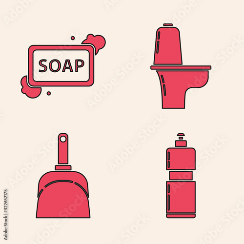 Set Plastic bottles for liquid dishwashing liquid, Bar of soap with foam , Toilet bowl and Dustpan icon. Vector