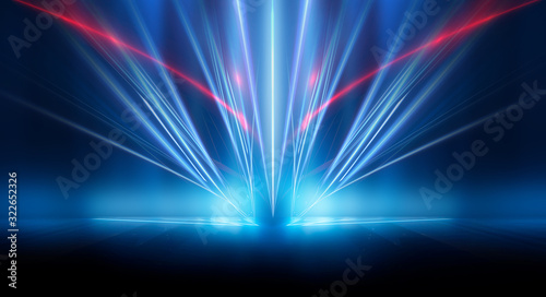 Dark background with lines and spotlights  neon light  night view. Abstract blue background. Blue dark empty scene.