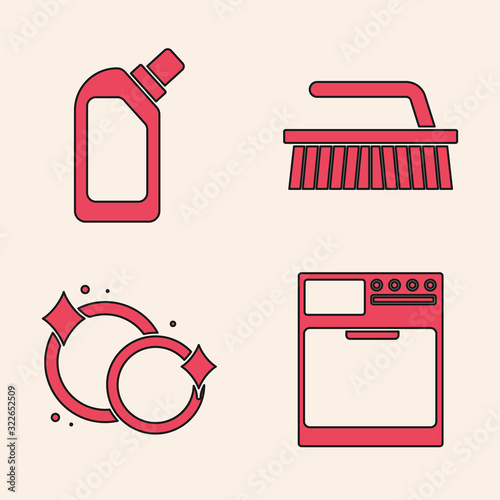 Set Washer , Plastic bottles for liquid dishwashing liquid, Brush for cleaning and Washing dishes icon. Vector