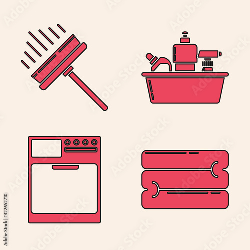 Set Towel stack , Squeegee, scraper, wiper, Plastic bottles for liquid dishwashing liquid and Washer icon. Vector