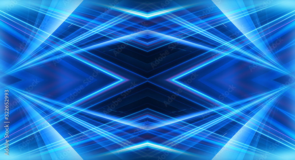 Dark background with lines and spotlights, neon light, night view. Abstract blue background. Blue dark empty scene. Dark background with lines and spotlights, neon light, night view. Abstract blue background. Blue dark empty scene.