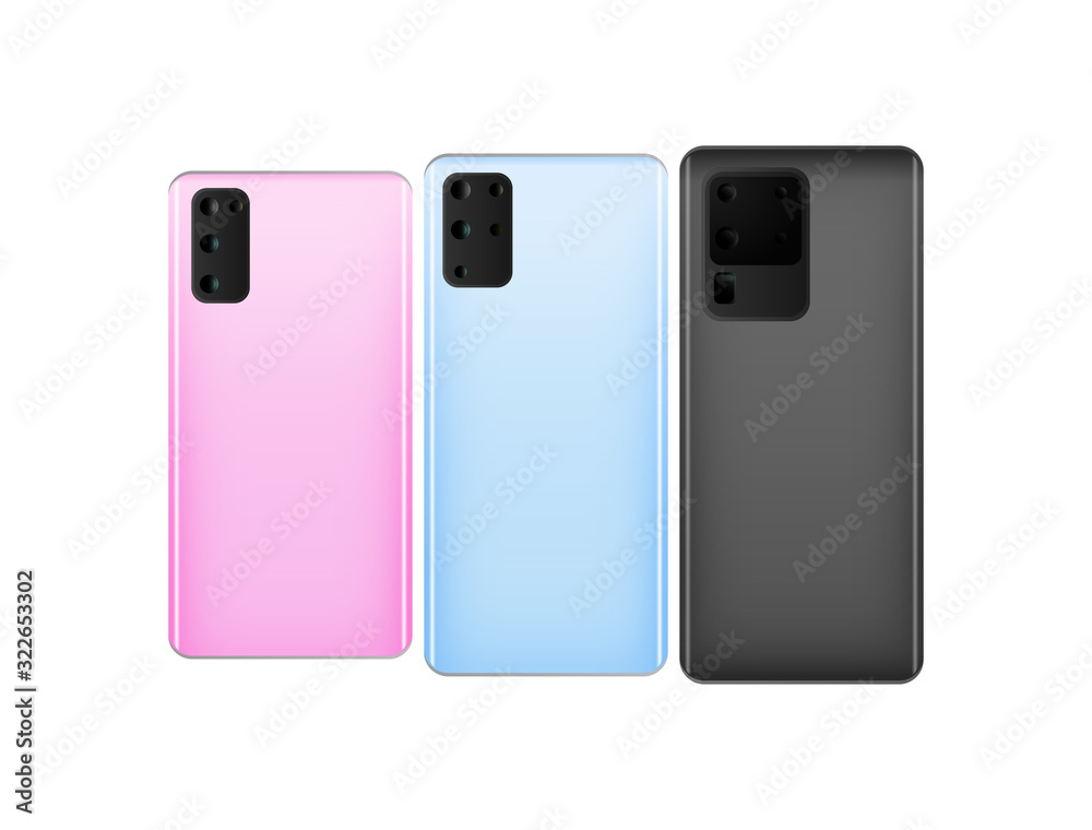 Pink, soft rose, sky blue, gray color mobile phone icon isolated on white