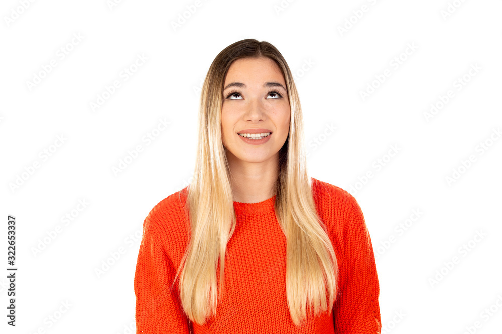 Pensive pretty blonde woman with red jersey Pensive pretty blonde woman with red jersey