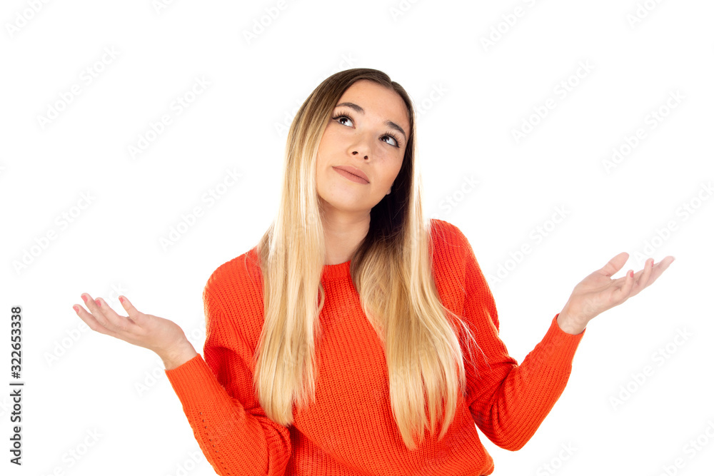 Pensive pretty blonde woman with red jersey Pensive pretty blonde woman with red jersey