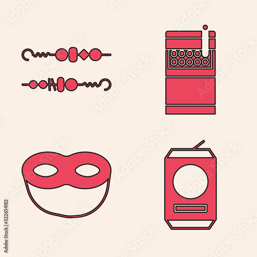 Set Beer can , Grilled shish kebab, Open cigarettes pack box and Festive mask icon. Vector
