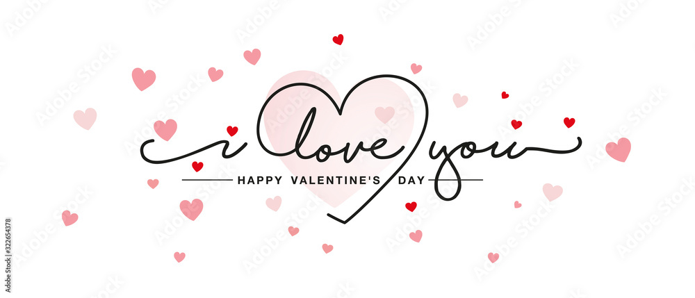 Love You handwritten typography lettering line design heart pink red hearts Valentine's Day greeting card - obrazy, fototapety, plakaty 