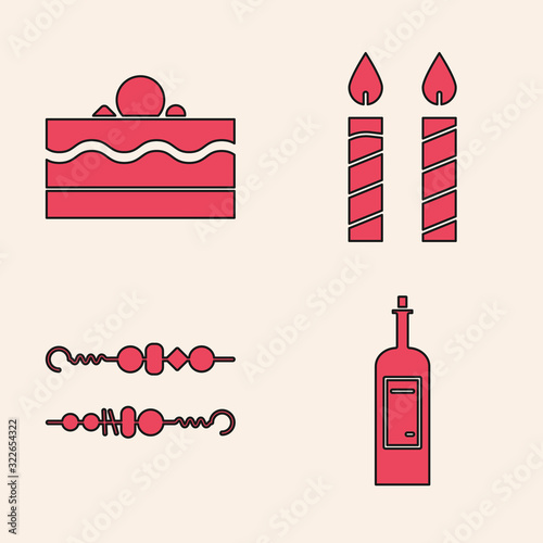 Set Bottle of wine , Cake , Birthday cake candles and Grilled shish kebab icon. Vector
