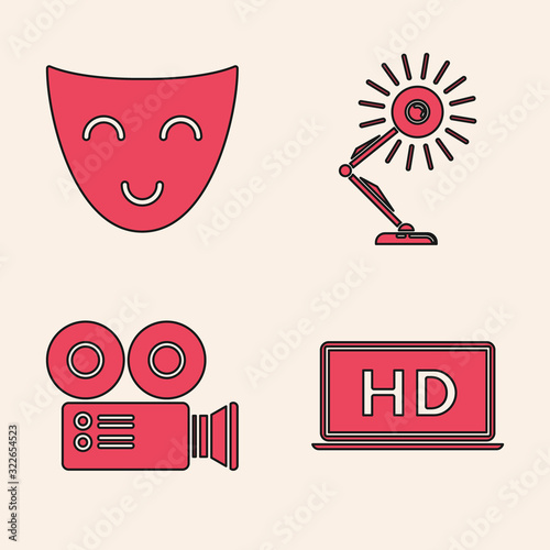 Set Laptop screen with HD video technology , Comedy theatrical mask , Table lamp and Cinema camera icon. Vector