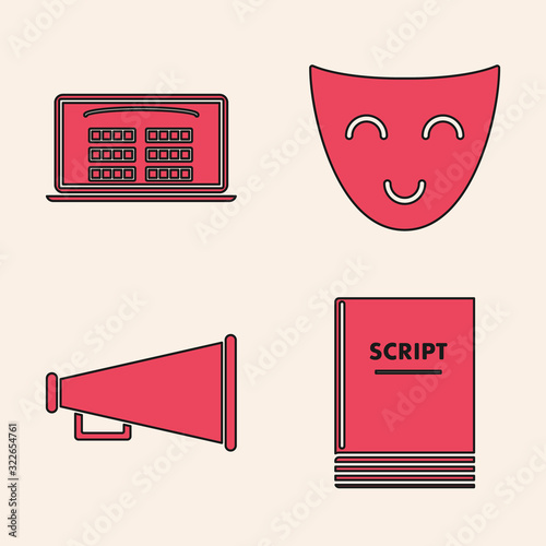 Set Scenario , Buy cinema ticket online , Comedy theatrical mask and Megaphone icon. Vector