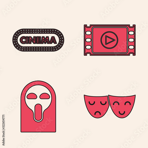Set Comedy and tragedy theatrical masks , Cinema poster design template , Play Video and Funny and scary ghost mask icon. Vector