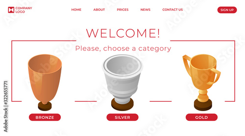 Prizes for champions landing page vector template. First, second and third place category webpage concept.