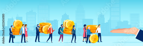 Vector of people caring giving away coins money to a big business man