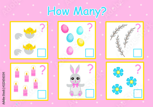 How many games for counting, Easter elements for children, educational mathematical tasks for the development of logical thinking, preschool worksheet, count and write down the result, vector