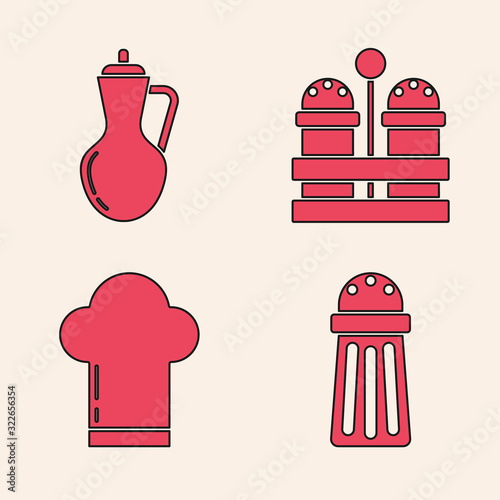 Set Salt , Bottle of olive oil , Salt and pepper and Chef hat icon. Vector