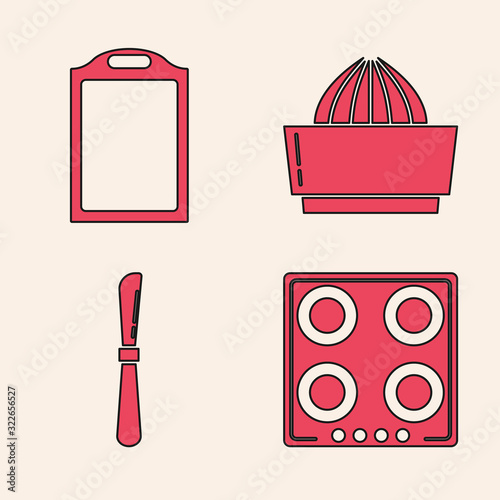 Set Gas stove , Cutting board , Citrus fruit juicer and Knife icon. Vector