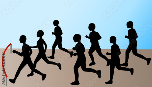 Silhouettes of running people. Vector illustration. Women and men run to keep fit. Sports competitions in running. Homestretch. Flat characters isolated on a white background.