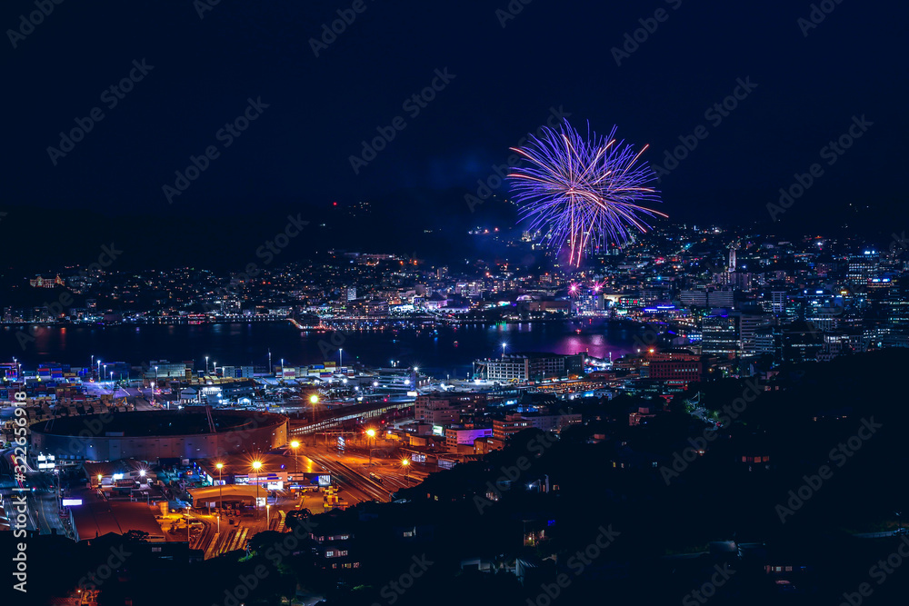 Wellington cityscape and fireworks; Wellington water front New Year celebration Wellington cityscape and fireworks; Wellington water front New Year celebration