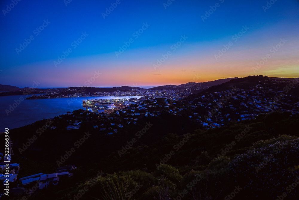 Wellington harbor cityscape at night after sunset