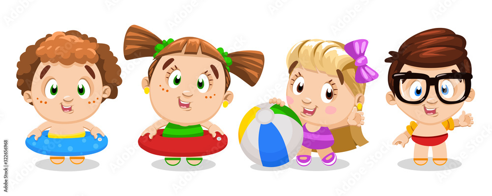 Kids laughing, waving hands, stand in line with swimming outfits: inflatable rings, ball. Kids laughing, waving hands, stand in line with swimming outfits: inflatable rings, ball.