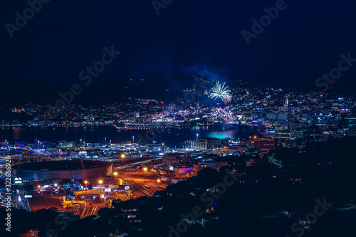 Wellington cityscape and fireworks; Wellington water front New Year celebration
